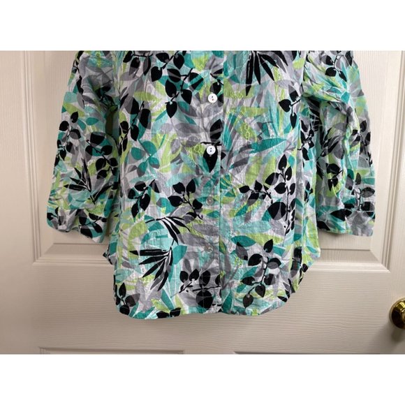 Alfred Dunner Blouse Women Size 12P Petite 12 Green Blue Semi Sheer Button Top - Picture 4 of 8
